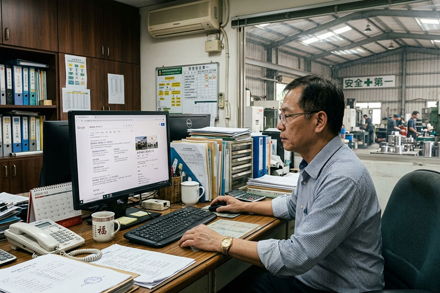 「台中製造業主管正在確認 AI 搜尋結果有沒有提到自己公司」。請用實拍照片，不要用圖庫照。